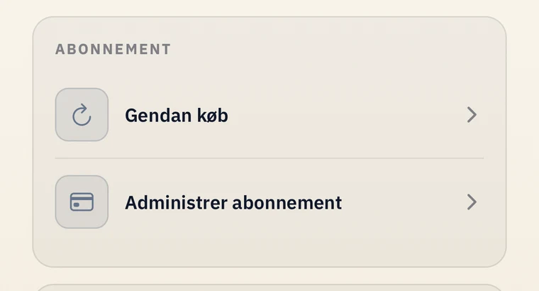 Sektionen "Abonnement" i appens indstillinger med "Administrer abonnement"