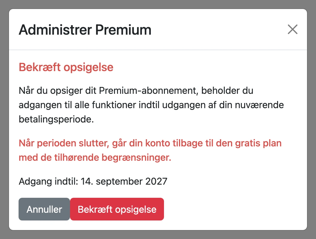 Bekræftelse af opsigelsen med knappen "Bekræft opsigelse"