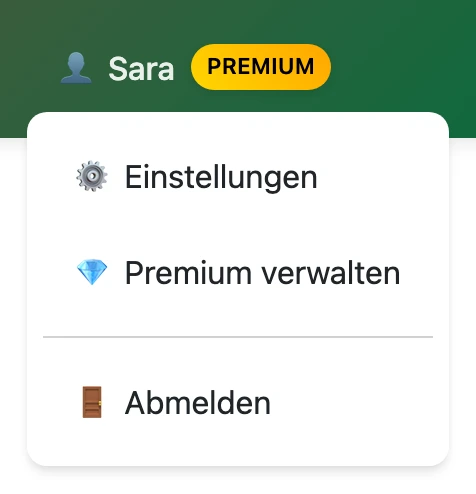 Benutzermenü auf traductordarija.com mit der Option „Premium verwalten“