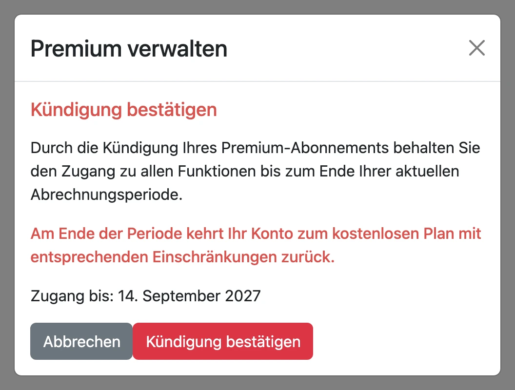 Bestätigung der Kündigung mit der Schaltfläche „Kündigung bestätigen“