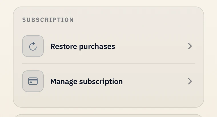 "Subscription" section of the app's Settings with "Manage subscription"