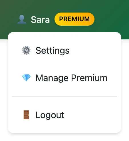 User menu on traductordarija.com with the "Manage Premium" option