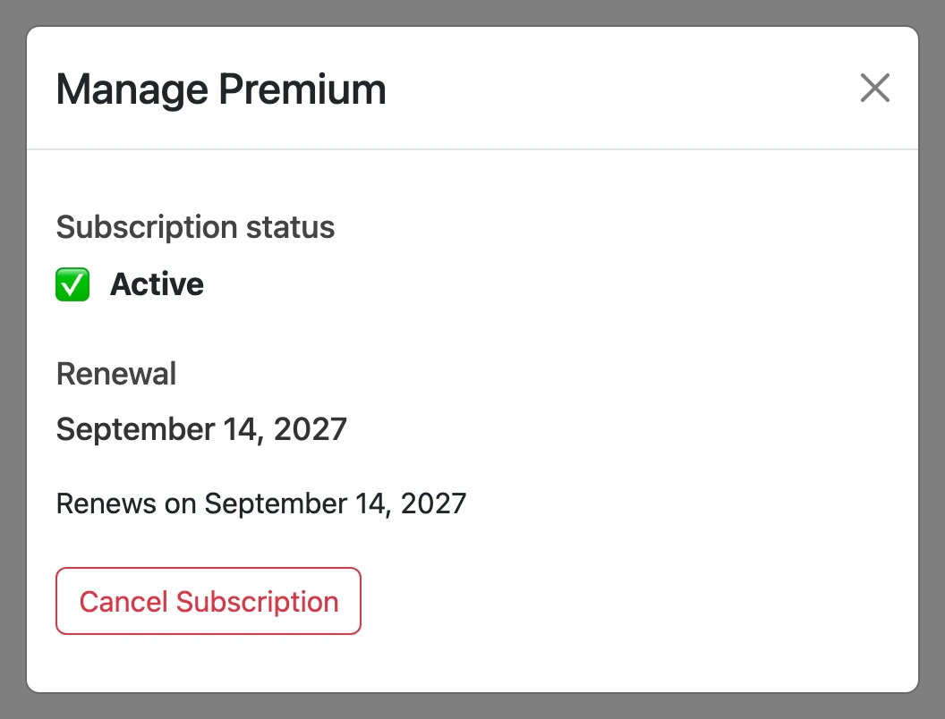 "Manage Premium" window with the subscription status and the "Cancel Subscription" button