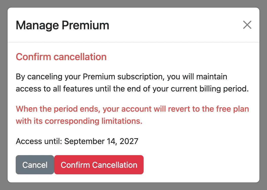 Cancellation confirmation with the "Confirm Cancellation" button