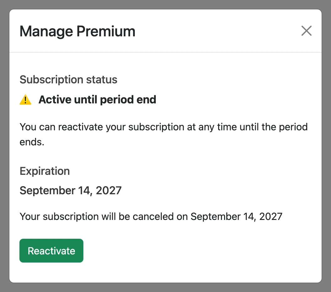 Canceled subscription: active until the end of the period, with the "Reactivate" button