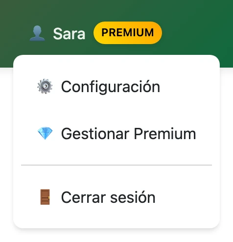 Menú de usuario de traductordarija.com con la opción «Gestionar Premium»