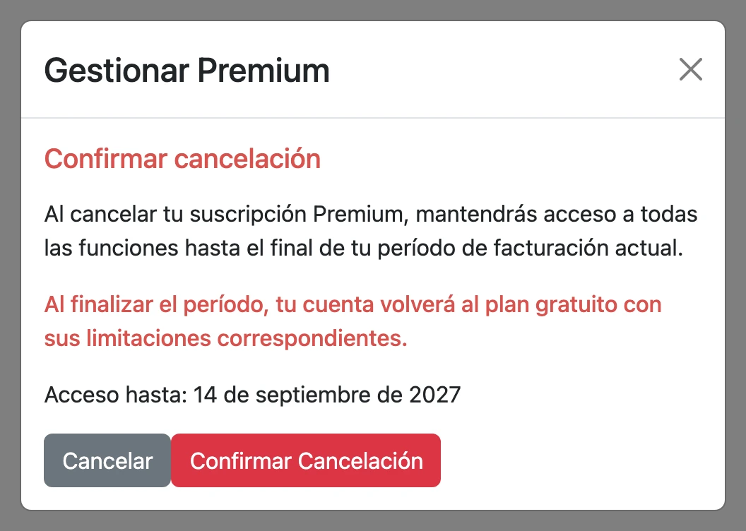 Confirmación de la cancelación con el botón «Confirmar Cancelación»