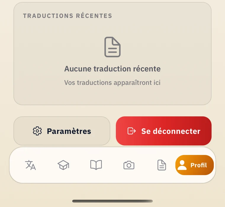 Écran Profil de l'app avec le bouton « Paramètres »