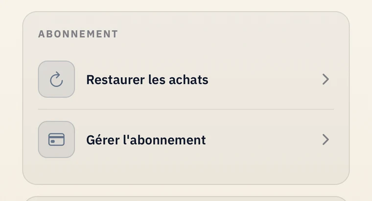 Section « Abonnement » des Paramètres de l'app avec « Gérer l'abonnement »