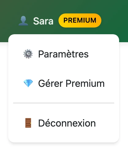 Menu utilisateur de traductordarija.com avec l'option « Gérer Premium »