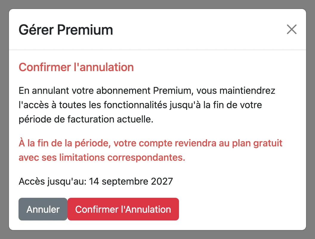 Confirmation de l'annulation avec le bouton « Confirmer l'Annulation »