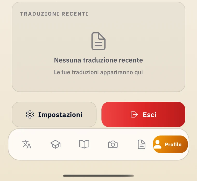 Schermata Profilo dell'app con il pulsante "Impostazioni"