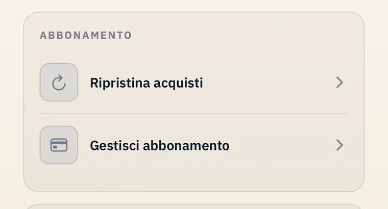 Sezione "Abbonamento" delle Impostazioni dell'app con "Gestisci abbonamento"