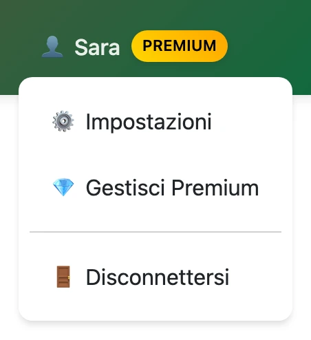 Menu utente di traductordarija.com con l'opzione "Gestisci Premium"