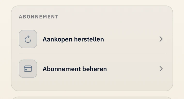 Gedeelte 'Abonnement' van de app-instellingen met 'Abonnement beheren'
