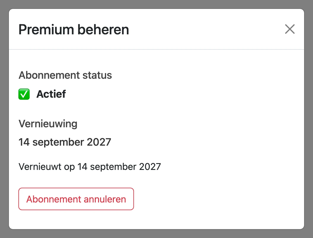 Venster 'Premium beheren' met de abonnementsstatus en de knop 'Abonnement annuleren'