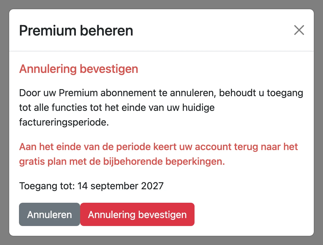 Bevestiging van de annulering met de knop 'Annulering bevestigen'