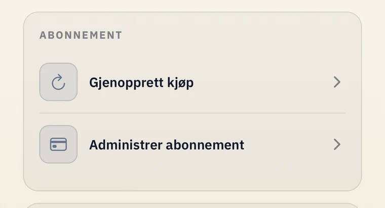 Seksjonen «Abonnement» i appens innstillinger med «Administrer abonnement»