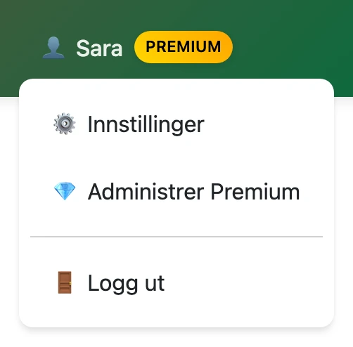 Brukermenyen på traductordarija.com med valget «Administrer Premium»