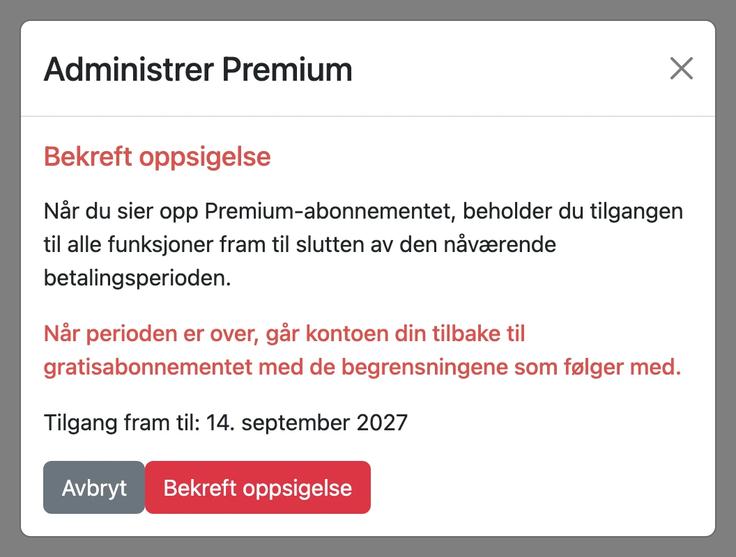 Bekreftelse av oppsigelsen med knappen «Bekreft oppsigelse»