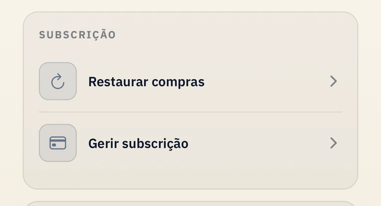 Secção «Subscrição» das Definições da app com «Gerir subscrição»