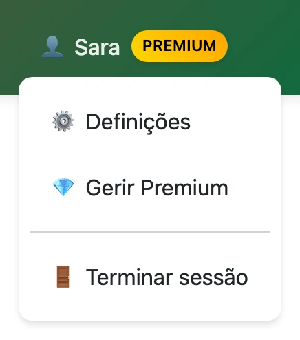 Menu de utilizador de traductordarija.com com a opção «Gerir Premium»