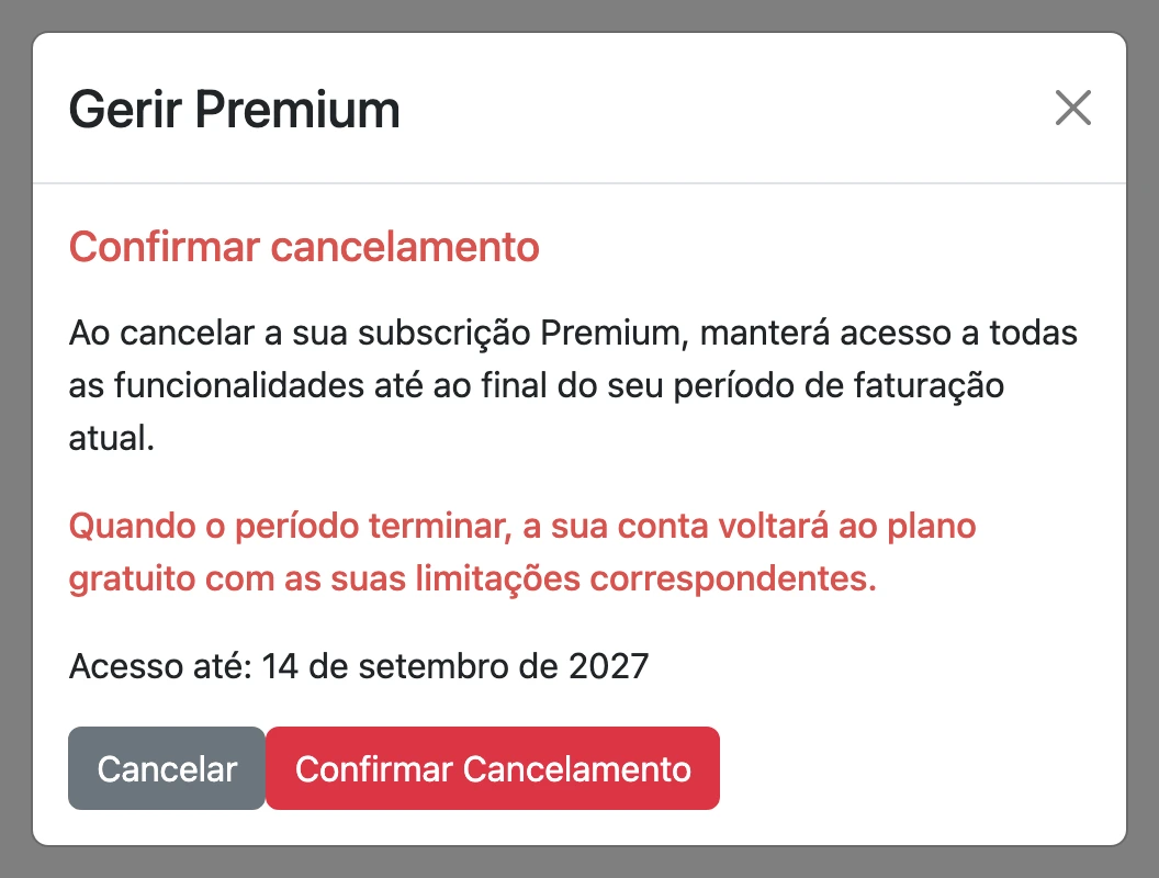 Confirmação do cancelamento com o botão «Confirmar Cancelamento»