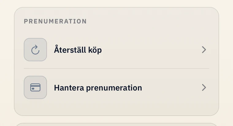 Sektionen ”Prenumeration” i appens inställningar med ”Hantera prenumeration”
