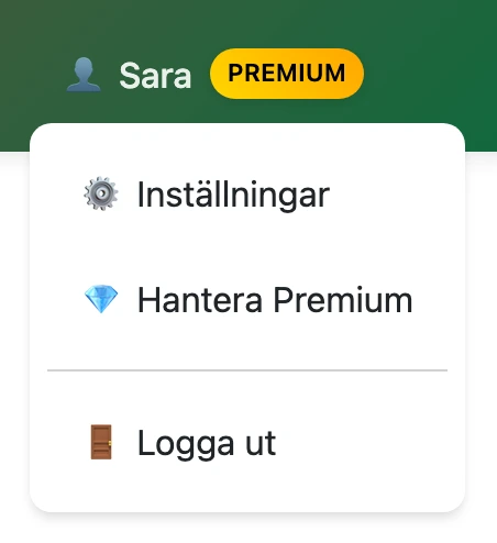 Användarmenyn på traductordarija.com med alternativet ”Hantera Premium”