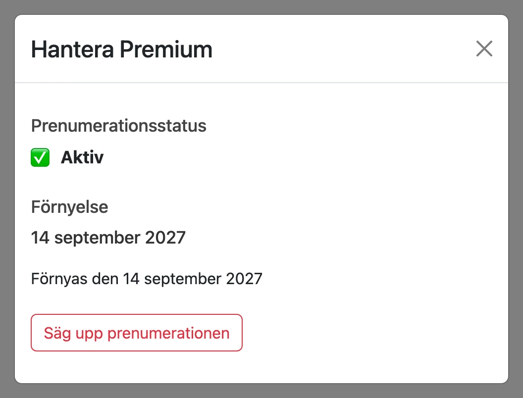 Fönstret ”Hantera Premium” med prenumerationens status och knappen ”Säg upp prenumerationen”